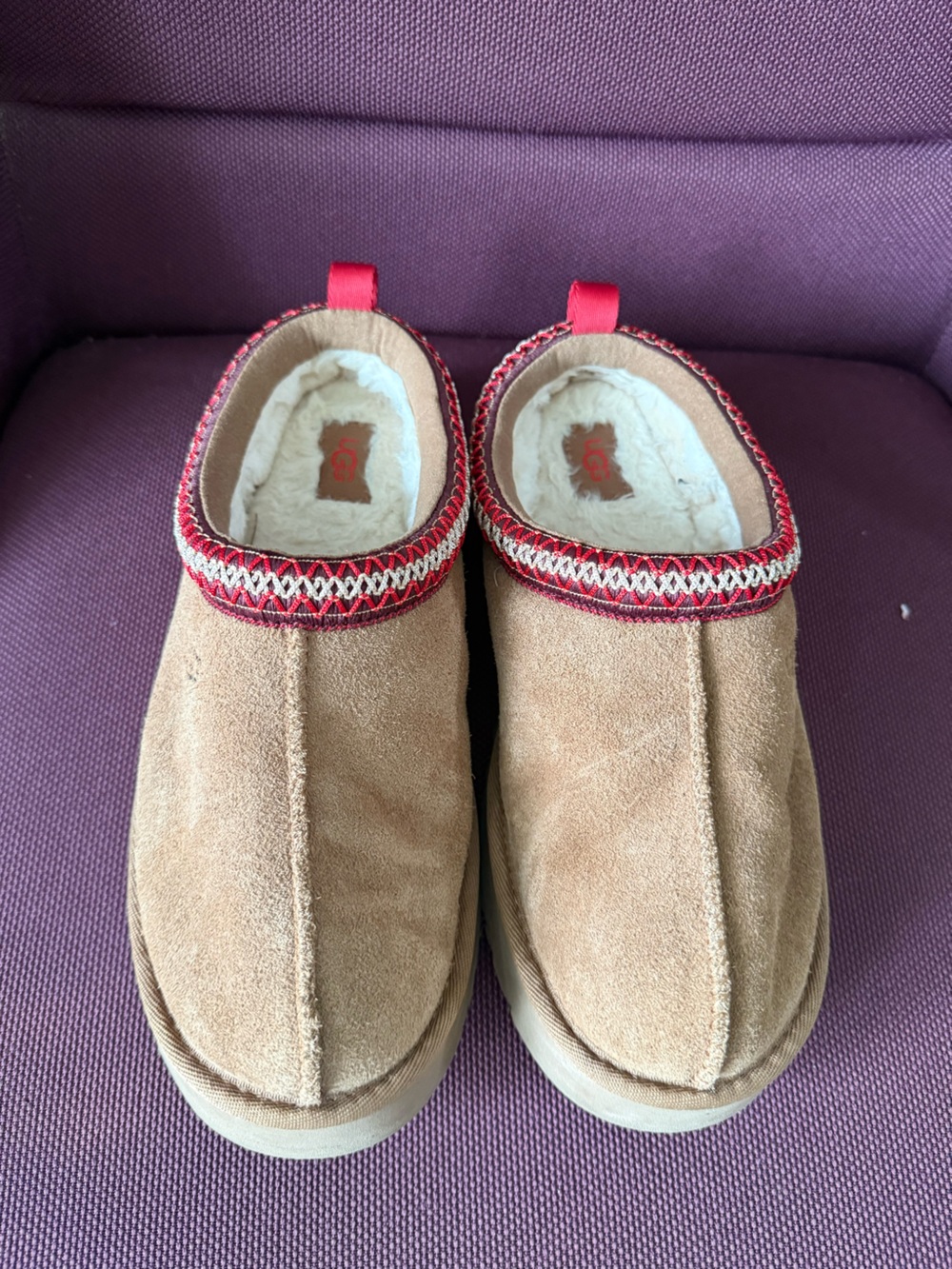 UGG Chestnut Suede Slip-On Slippers with Red Trim